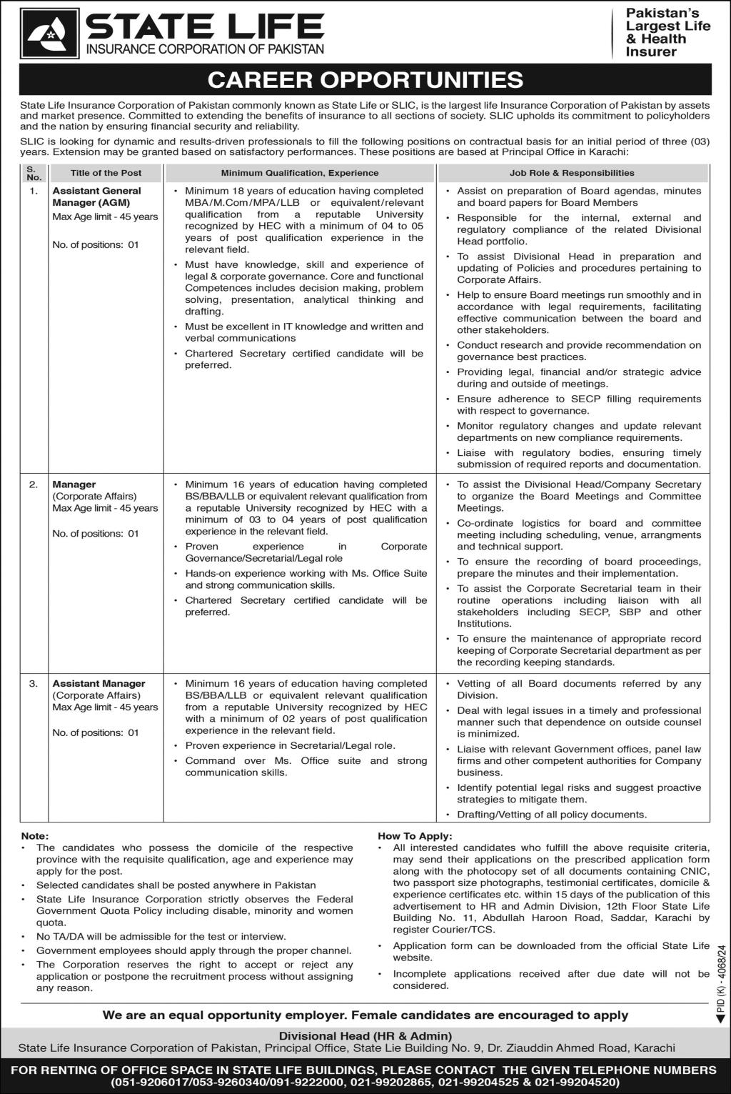 Jobs in State Life Insurance Corporation of Pakistan Karachi